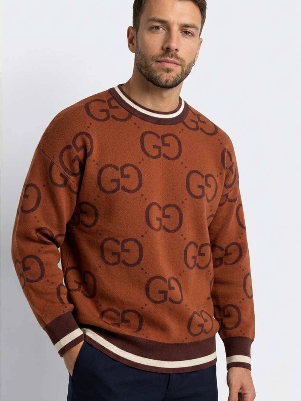 Gucci Men's Rust Brown GG Logo Crewneck Sweater